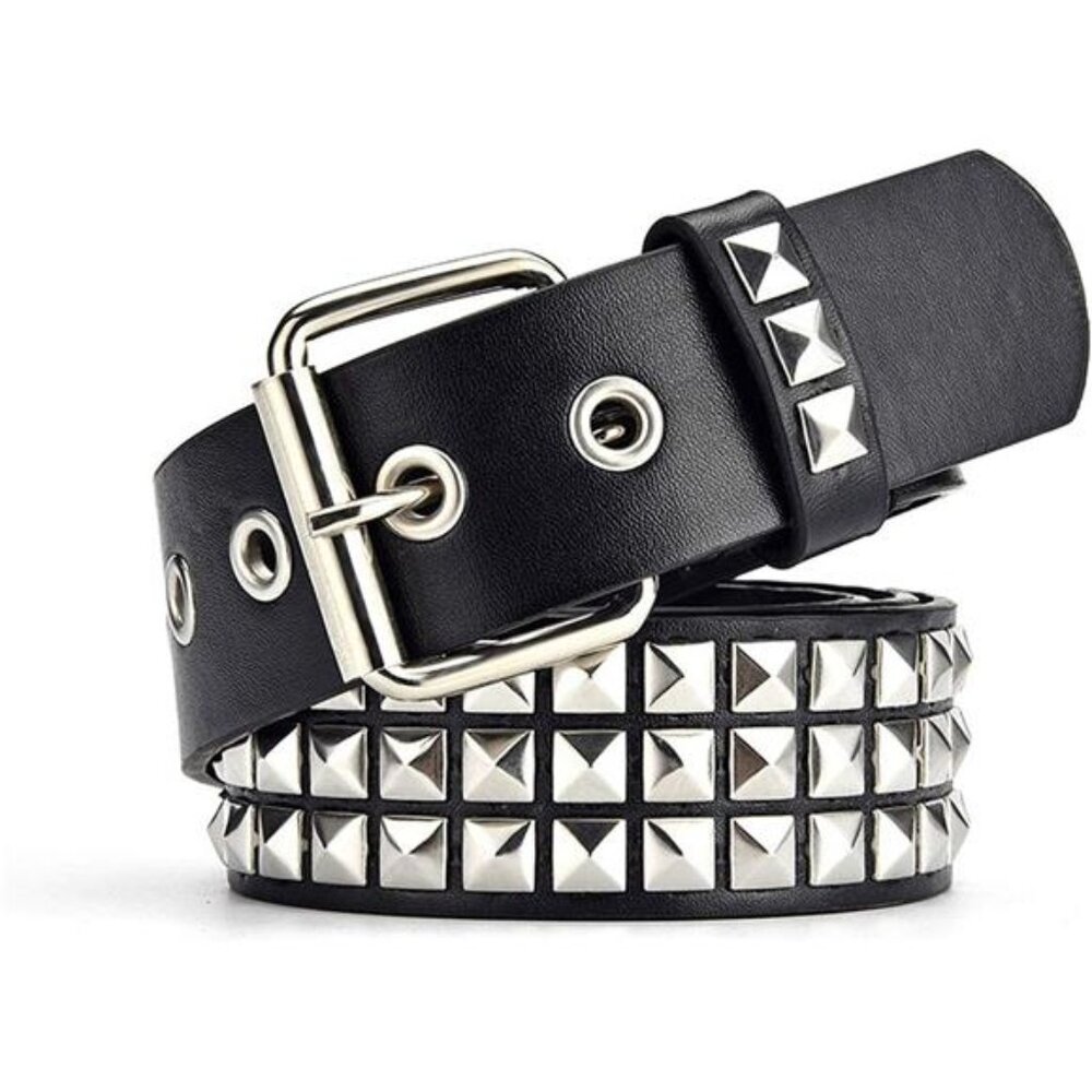 Black Studded Belt Punk Rock Rivet Belt Grommet Threads Belt with Bright Metal